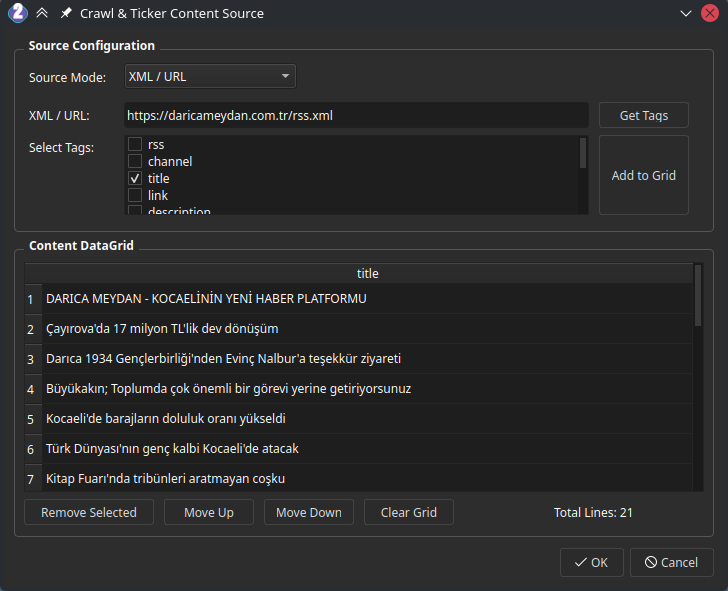 now2gfx Crawl and Ticker Content Source: source mode XML/URL, an RSS address, a tag picker and a data grid of headlines