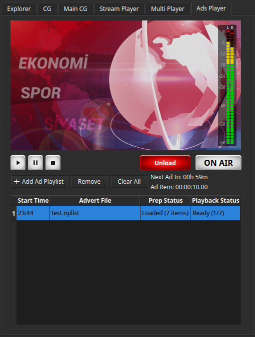 now2play Ads Player module: Start Time, Advert File, Prep Status, Playback Status columns