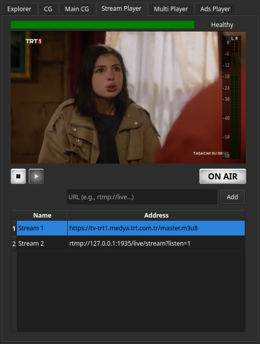 now2play Stream Player module: a live football feed with a list of RTMP and HLS source URLs