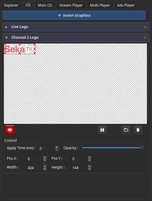 now2play Graphics module: list of CGs with Live Logo and Channel 2 Logo entries
