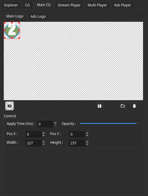 now2play Main CG module: two slots Main Logo and Ads Logo with on-air logo preview
