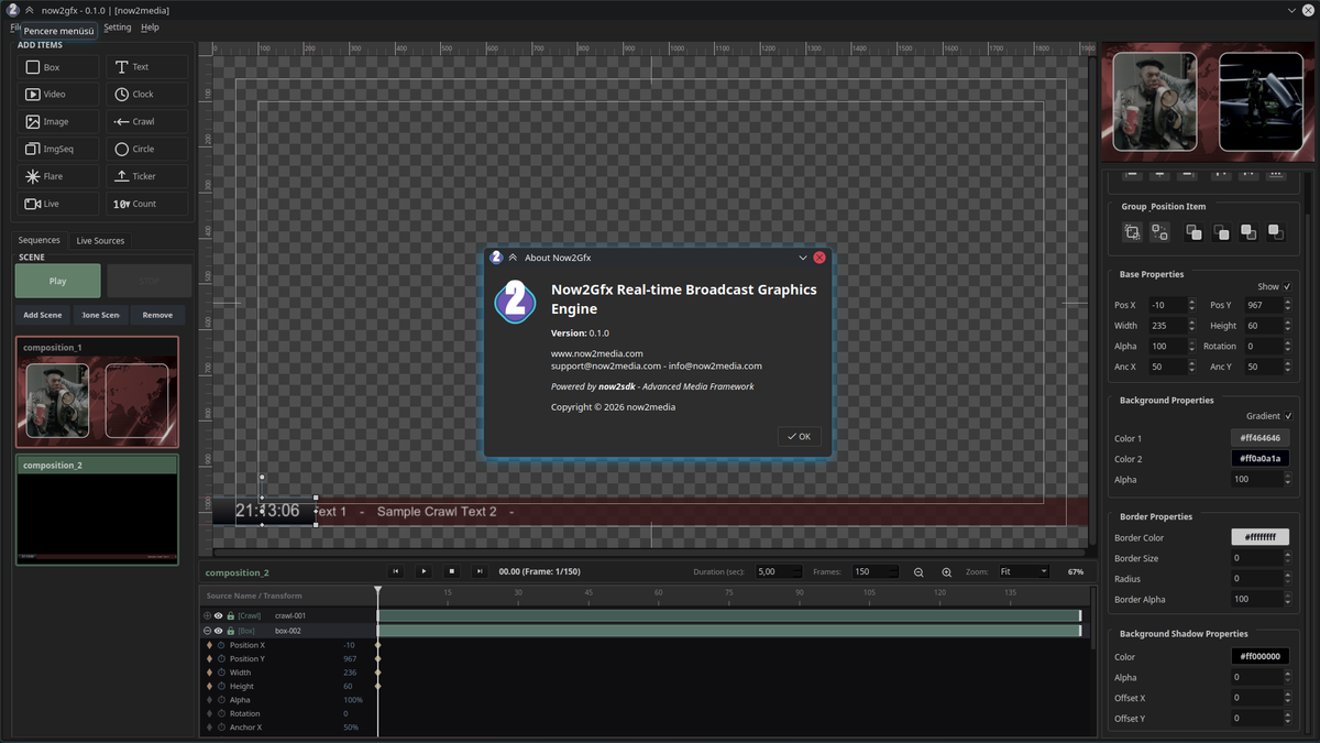 now2gfx output on transparency checkerboard showing crawl text and lower third