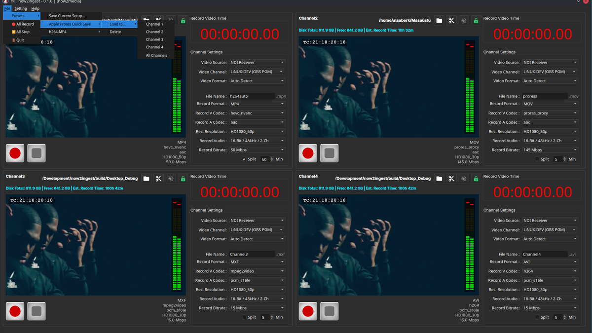 now2ingest preset menu with save, load and delete across channels