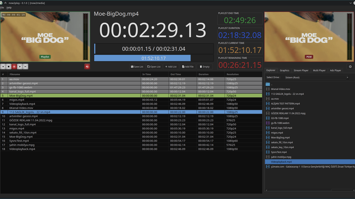 now2play composite and encode: the playout picture with per-clip CG and the ticker on air
